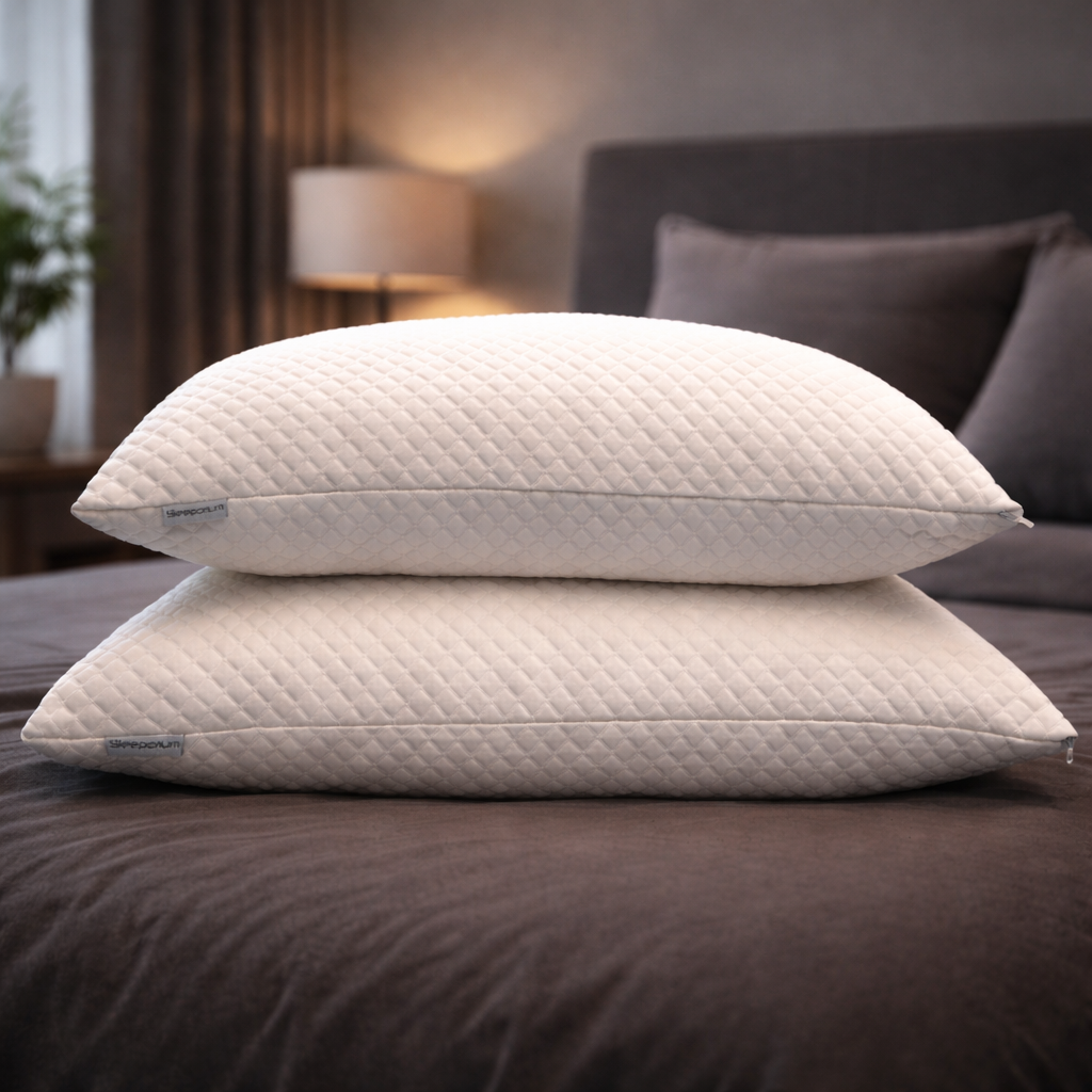 Stacked Sleeporium CustomCloud pillows on a bed