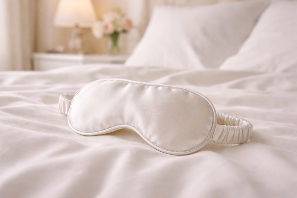 Silk eye mask on bed
